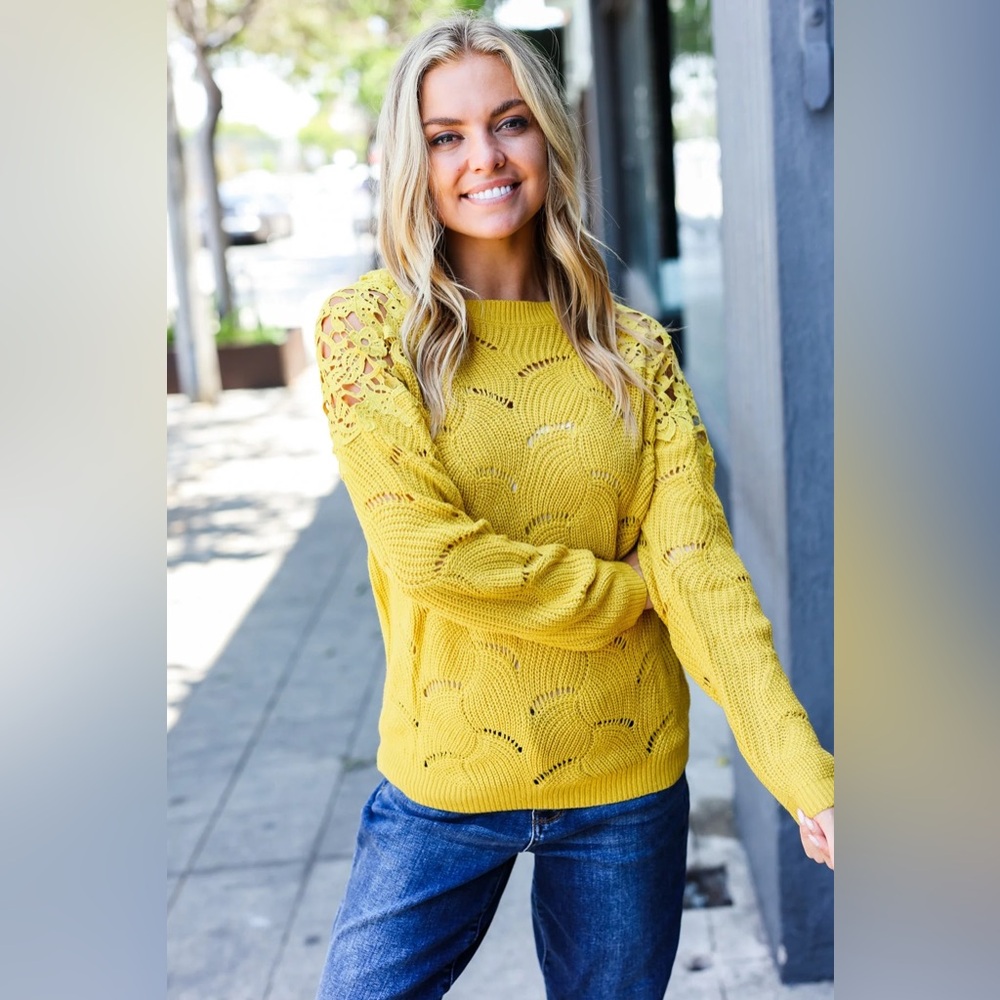 Mustard/yellow sweater. Bust is ~23 flat. Length ~29in.